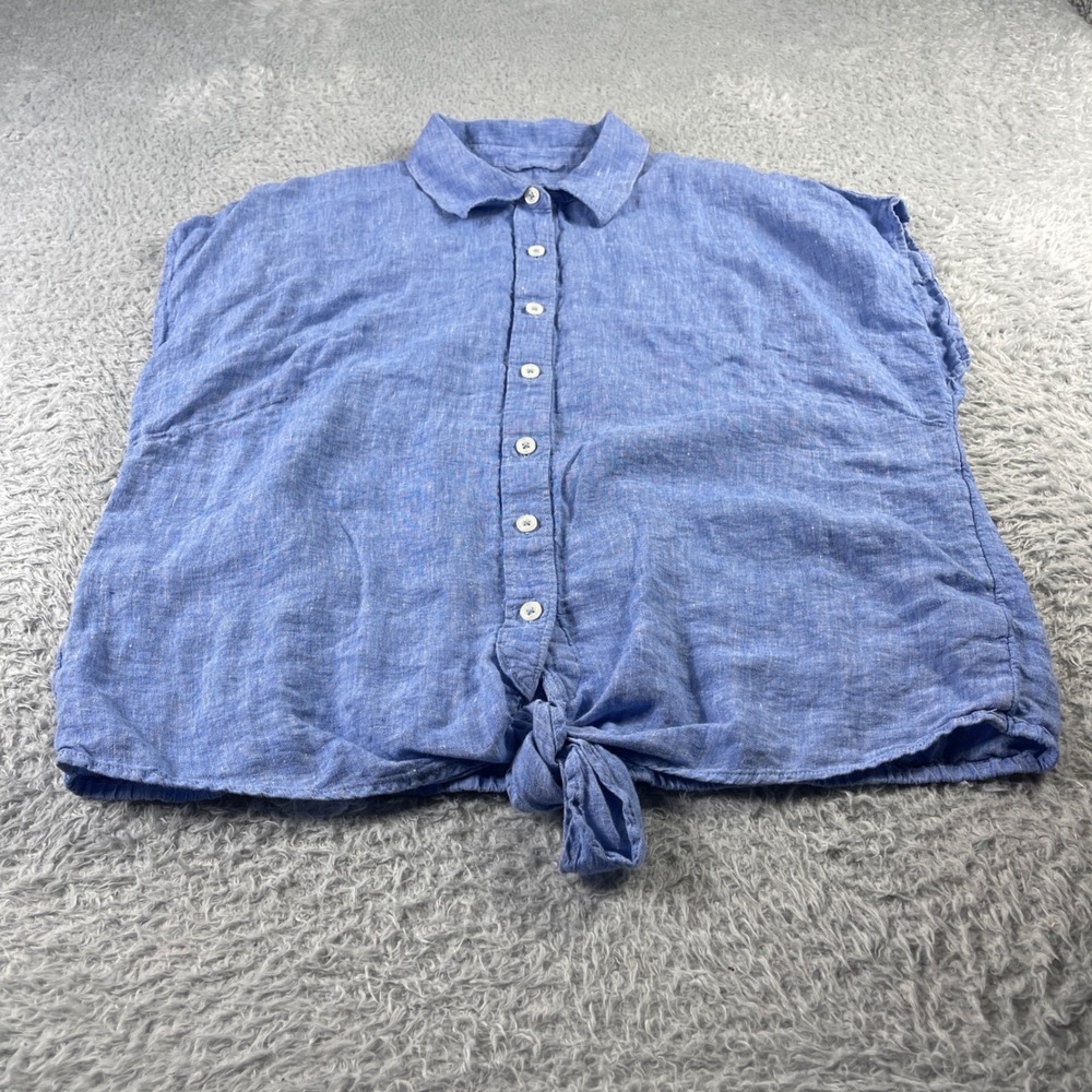 Talbots Plus Blue 100% Linen Tie Front Button Down Shirt Womens Size X IN5324